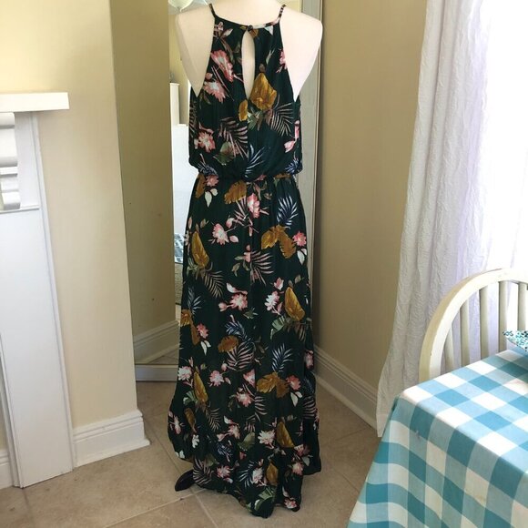 Bailey Blue Maxi Halter Dress Small Dark Fairy Hi Lo Ruffle Key Hole Tropical - Picture 4 of 12